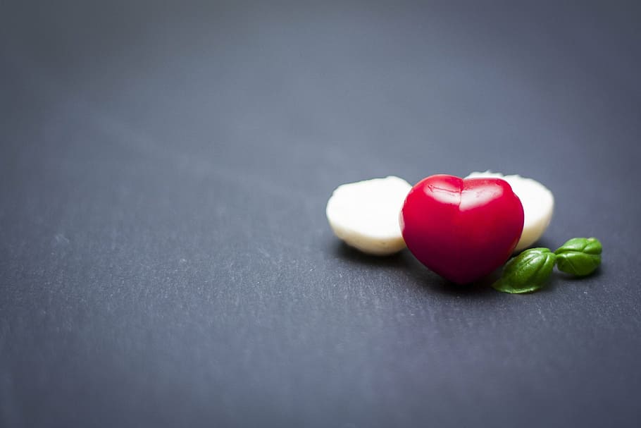 red fruit on gray surface, tomato, mozzarella, eat, basil, healthy HD wallpaper