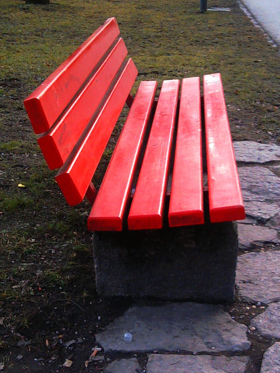 park bench, bank, seating furniture, red, no people, day, high angle view