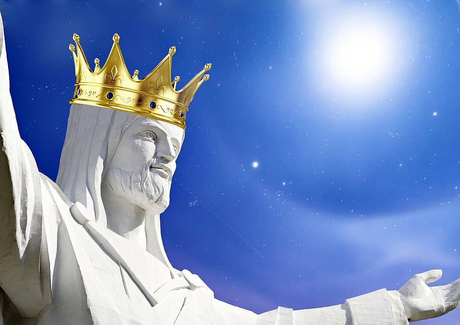 jesus, imperial crown, blue, sky, white gowns, long hair, statue, HD wallpaper