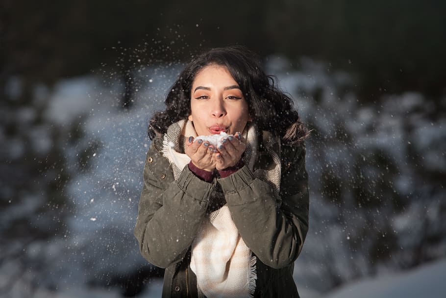 cold, snow, fashion, person, beautiful, blowing, brunette, face HD wallpaper