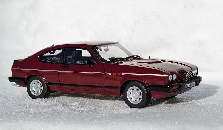 model car, ford, capri, auto, oldtimer, snow, sports car, toy car HD wallpaper