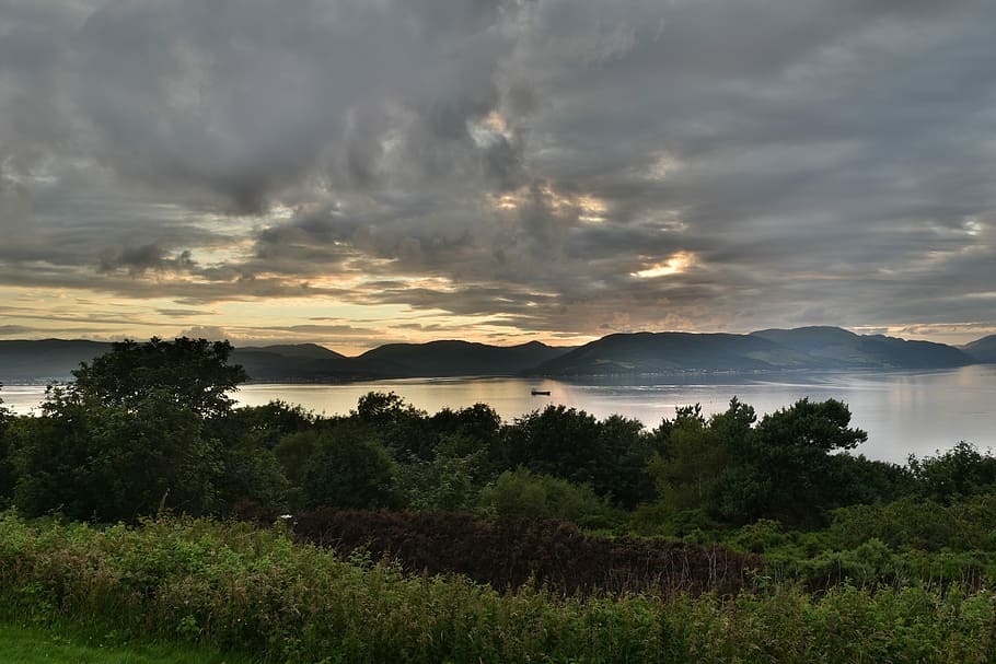 landscape, clouds, river, scenery, weather, nature, dusk, sky HD wallpaper