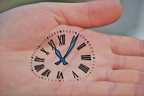 analog clock pain in left human palm, hand, hands, keep, time HD wallpaper