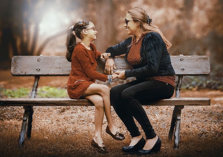 mother and daughter sitting on the bench, adult, women, two, lifestyle, HD wallpaper