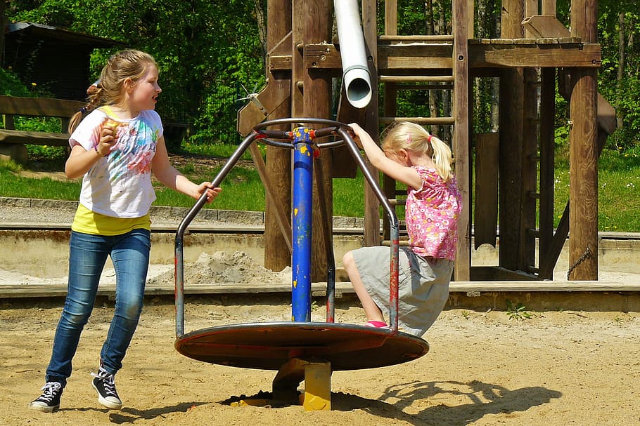 toddler's white shirt and blue pants playing in open playground, HD wallpaper