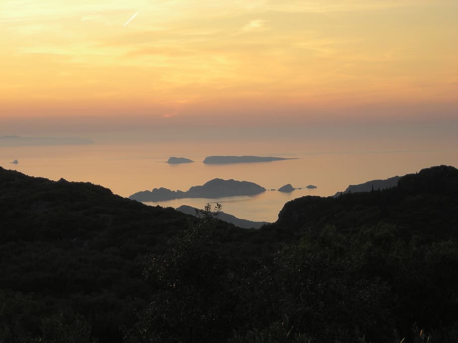 sunset, ocean, view, island, mist, sky, beauty in nature, scenics - nature HD wallpaper