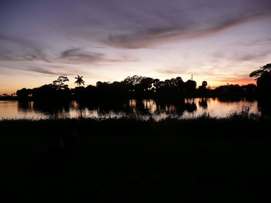 sunset, sky, colors, lake, water, reflection, trees, landscape HD wallpaper