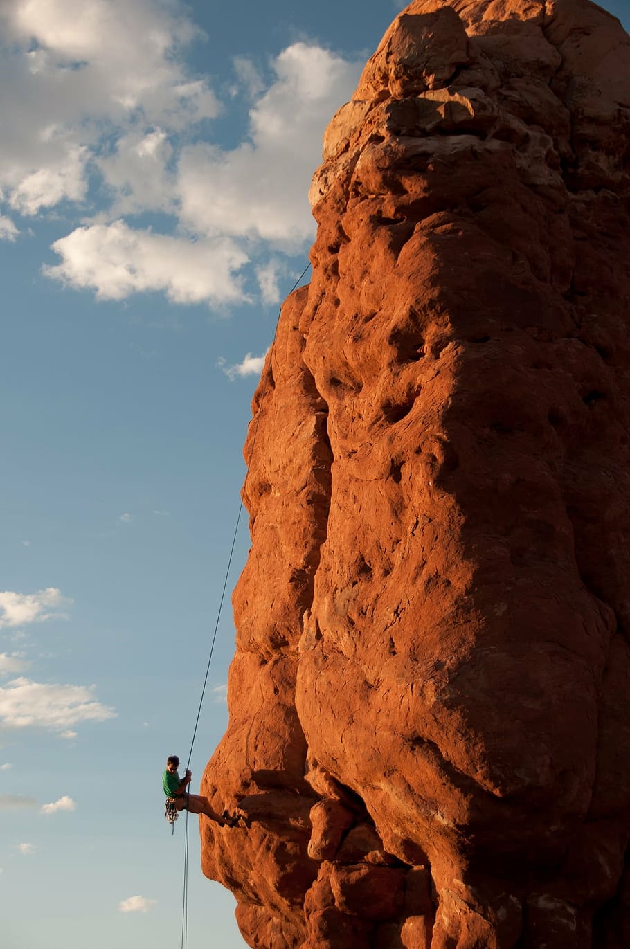rock climber climbing on boulder, rappelling, rope, cliff, landscape HD wallpaper