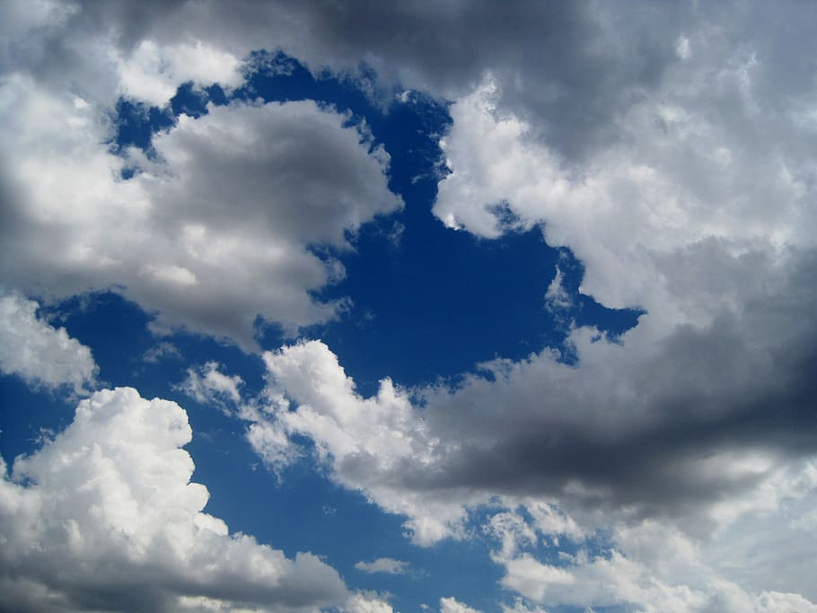 clouds, white, fluffy, blue, sky, cloudy, day, weather, atmosphere HD wallpaper