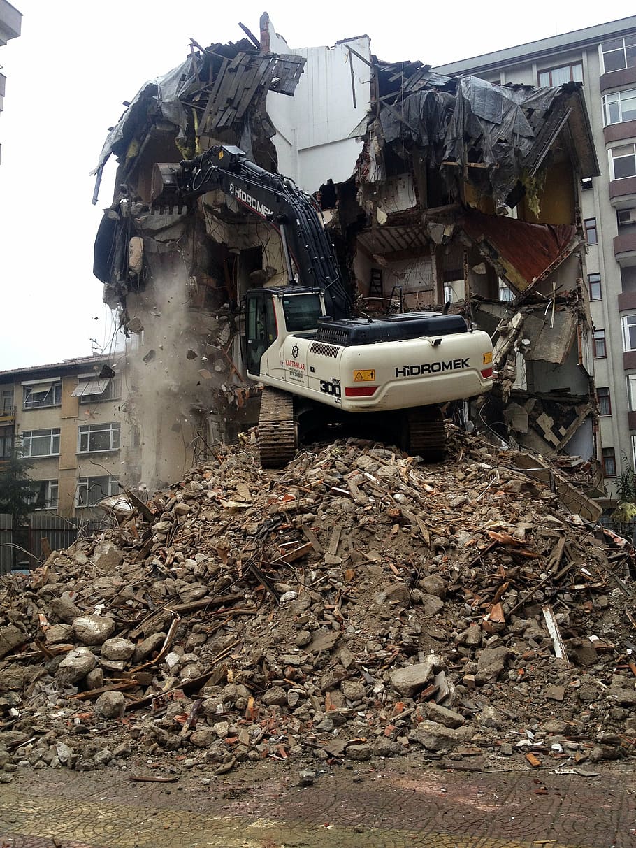 black and white excavator beside building, destruction, house HD wallpaper