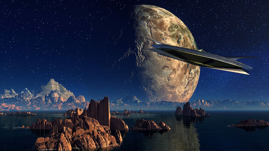 UFO Flying Saucer in an otheworldy landscape, alien world, fantasy