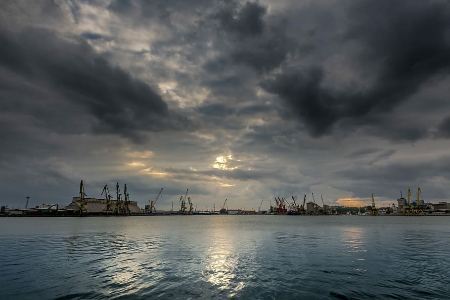 port burgas, dramatic sky, sunset, sea, bulgaria, black, coast, HD wallpaper
