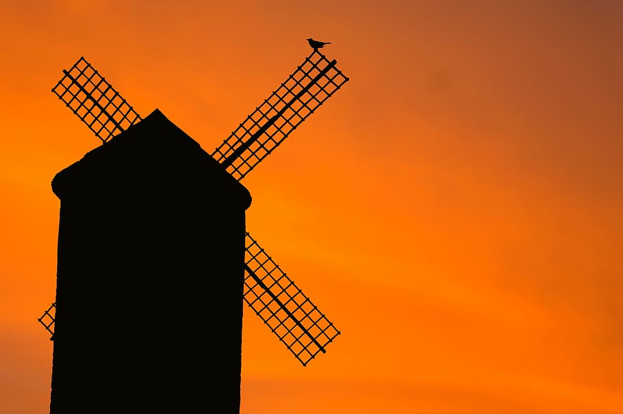 silhouette of windmill, old, bird, sunset, evening, atmosphere HD wallpaper