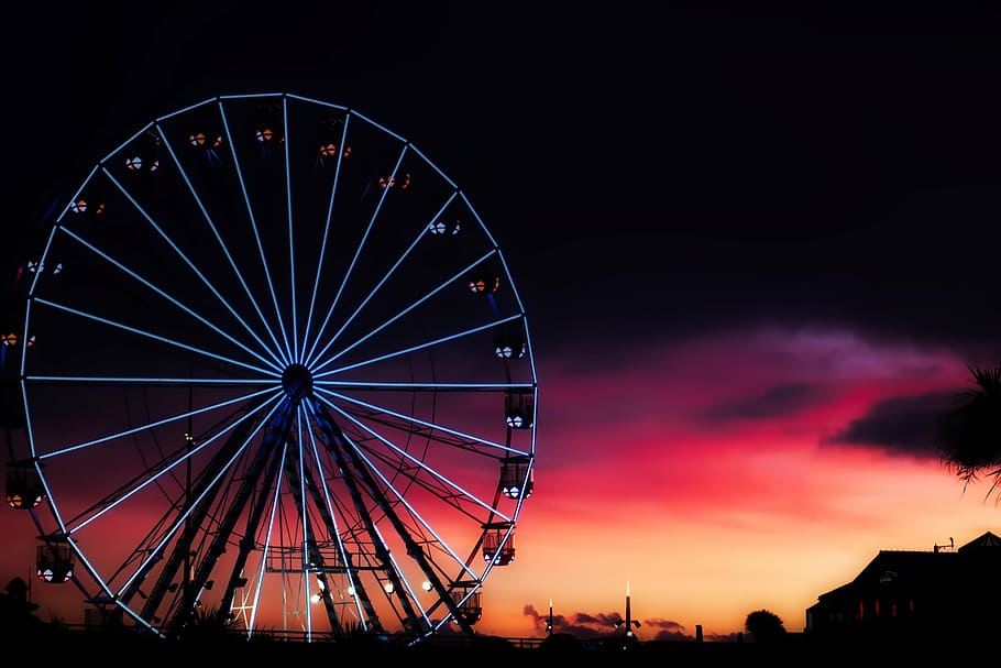 gray and black Ferris wheel during sunset, bournemouth, england