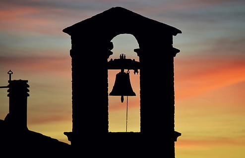 silhouette of church bell during sunset, bell on cathedral, tower HD wallpaper