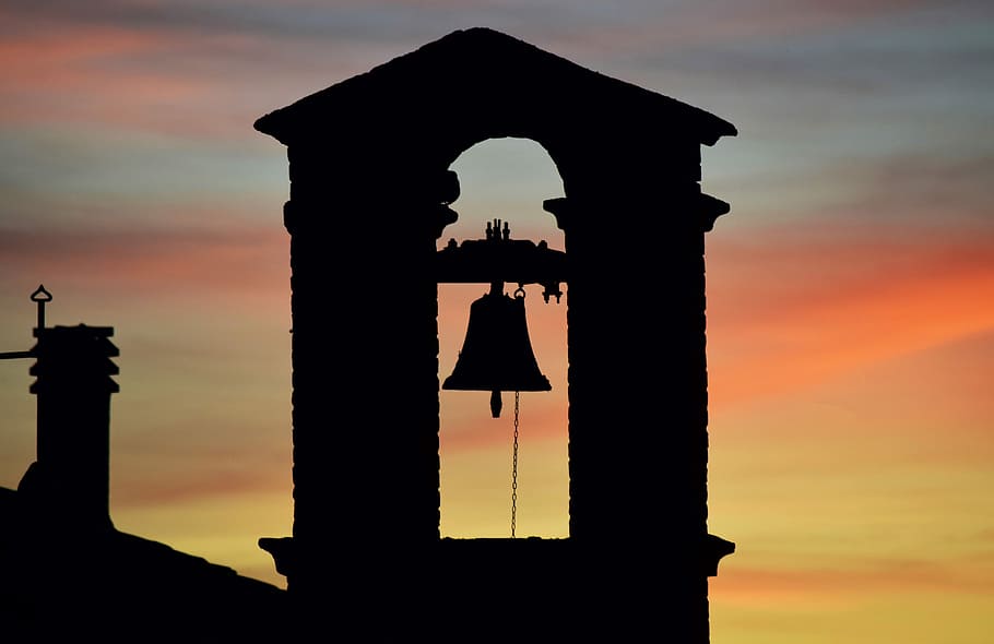 silhouette of church bell during sunset, bell on cathedral, tower HD wallpaper