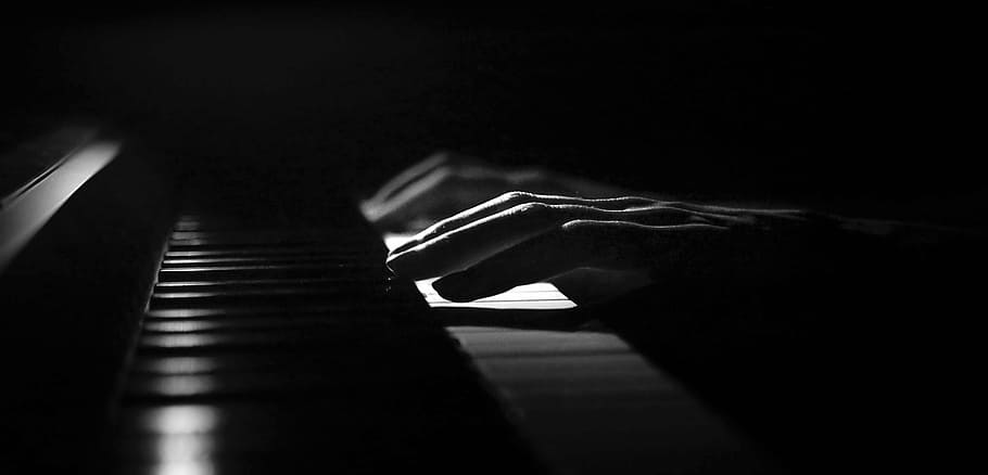 grayscale photography of person playing piano, hands, music, instrument