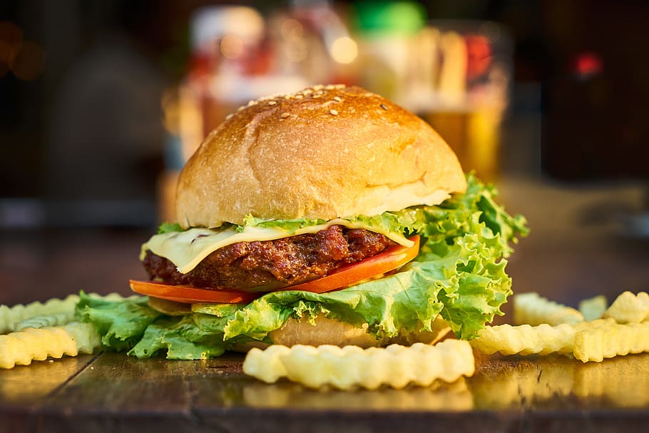 burger with patty and lettuce, Bread, Meat, Nutrition, Tomato