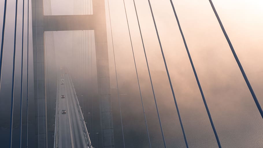 High Angle View of Suspension Bridge Against Sky, architecture HD wallpaper