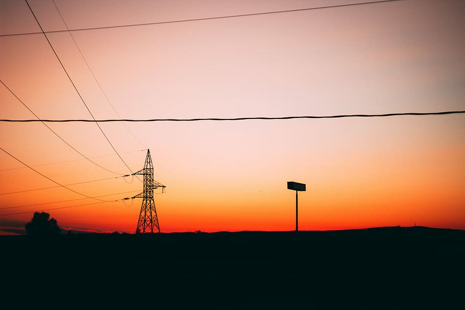 silhouette of utility post and signboard at golden hour, electric post HD wallpaper