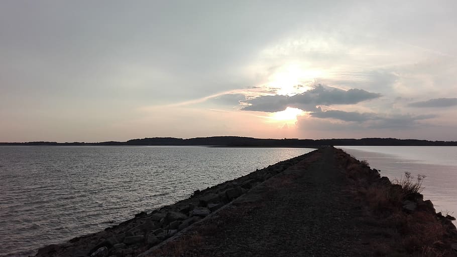 path, dam, clouds, sun, heaven, water area, sky, cloud - sky HD wallpaper