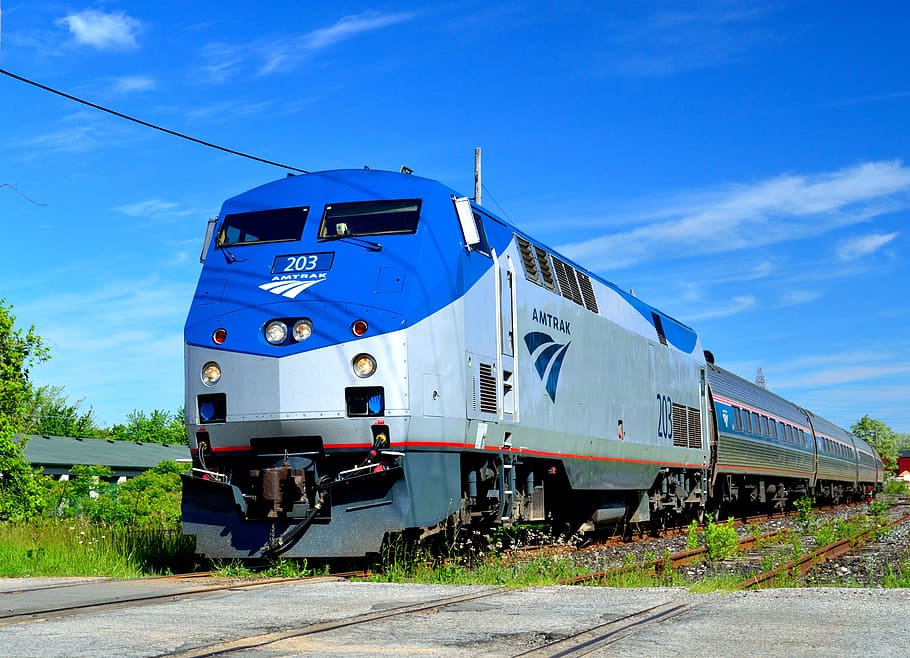 blue and gray train, Amtrak, Train, Transportation, Tracks, rail