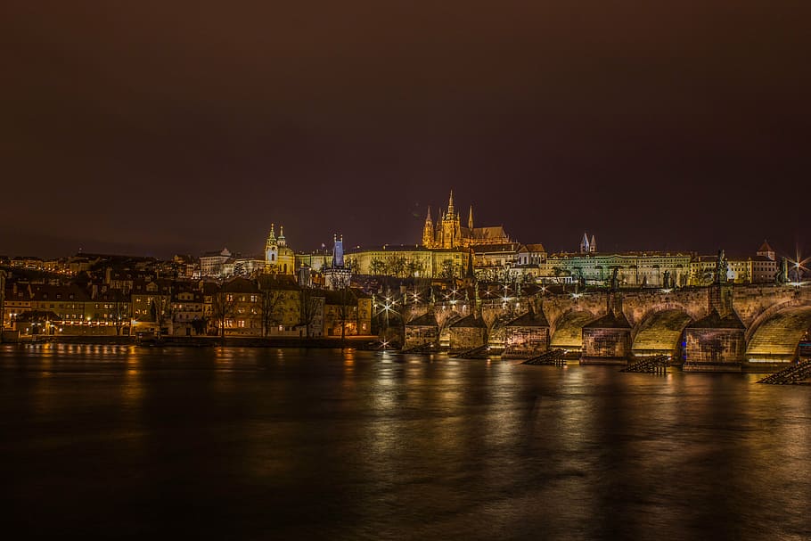 grey and yellow concrete building, charles bridge, castle, river HD wallpaper