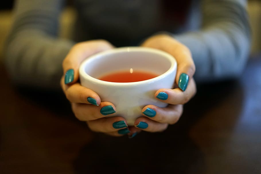 person with teal manicure holding white ceramic bowl, cup, tea cup HD wallpaper