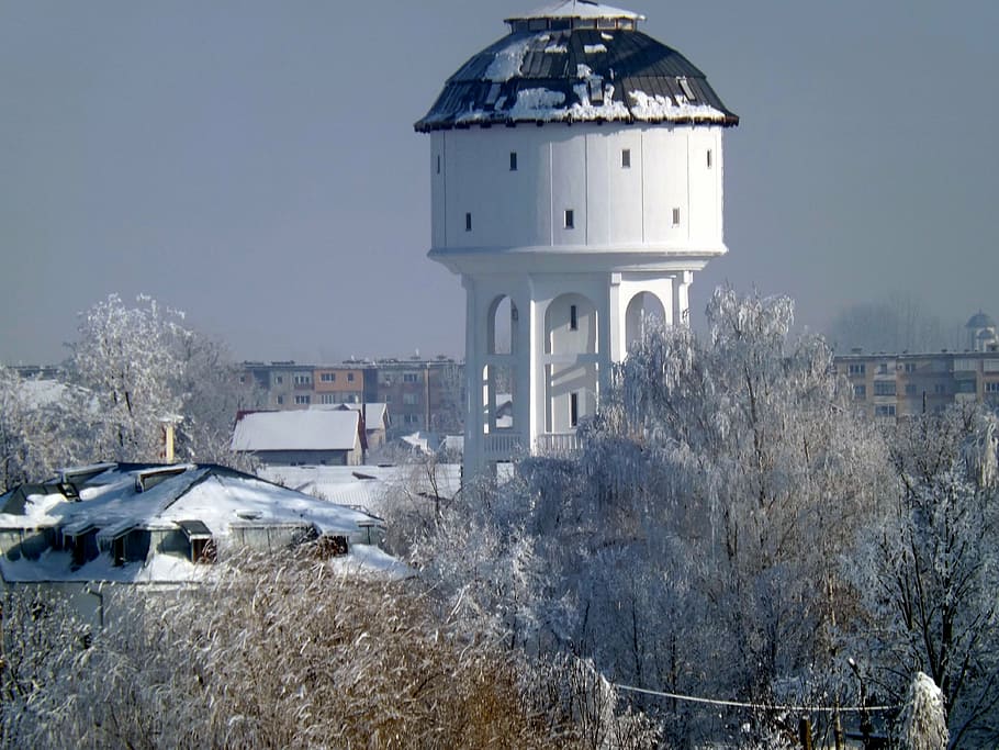 tower, winter, snow, white, building, landscape, built structure HD wallpaper