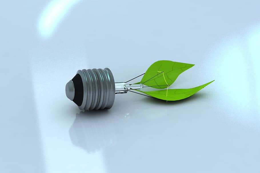 green leaf light bulb, focus, 3d, ecology, studio shot, blue HD wallpaper
