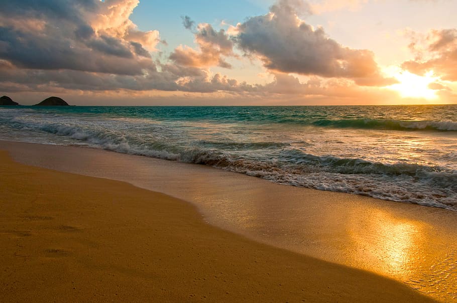 sunset by the beach, hawaii, sunrise, oahu, tropical, ocean, hawaii beach