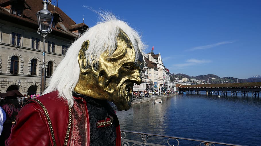 Carnival, Lucerne, Mask, Panel, fool-time, water tower, chapel bridge HD wallpaper