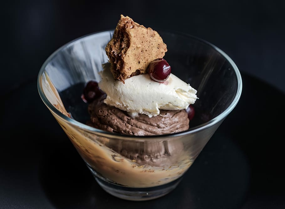 Ice cream dessert, chocolate, close up, dark, dish, glass, sweet, HD wallpaper