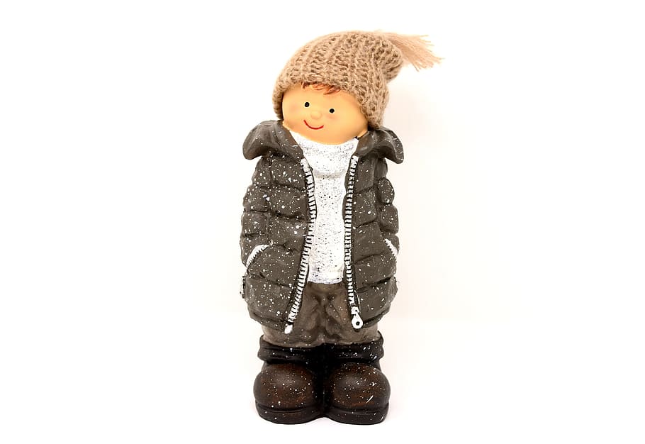 boy wearing jacket toy figure, winter, winter jacket, cap, deco HD wallpaper