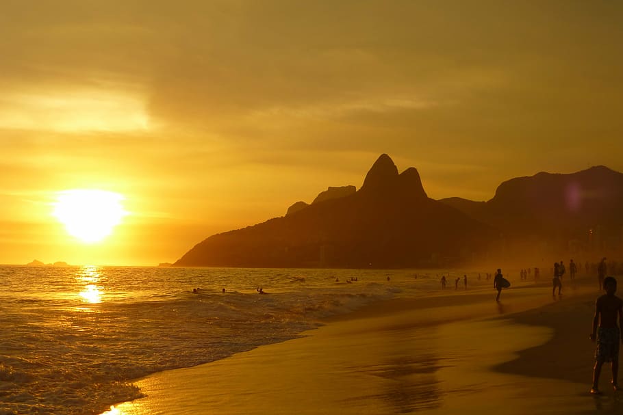 lot of people on seashore during sunset, ipanema beach, rio de janeiro, HD wallpaper