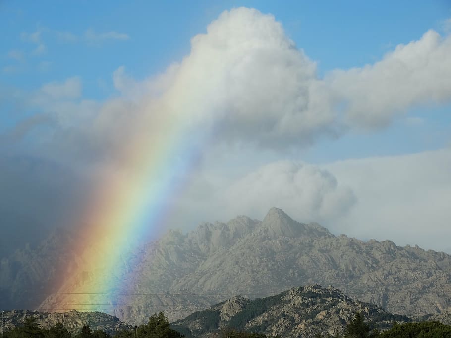 rainbow, mountain, forest, cloud, beauty in nature, cloud - sky, HD wallpaper