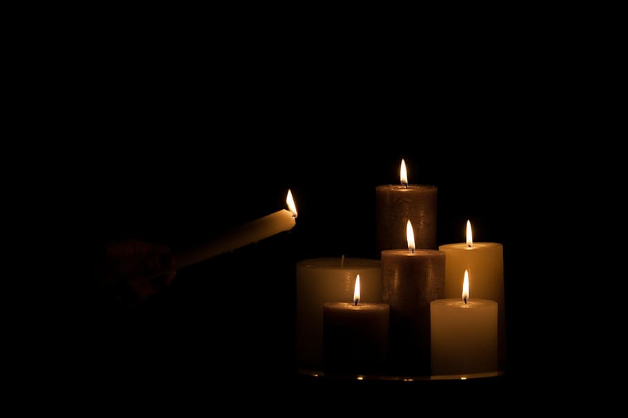lighted brown and white candles, hot, heat, cosy, lonely, fire, HD wallpaper