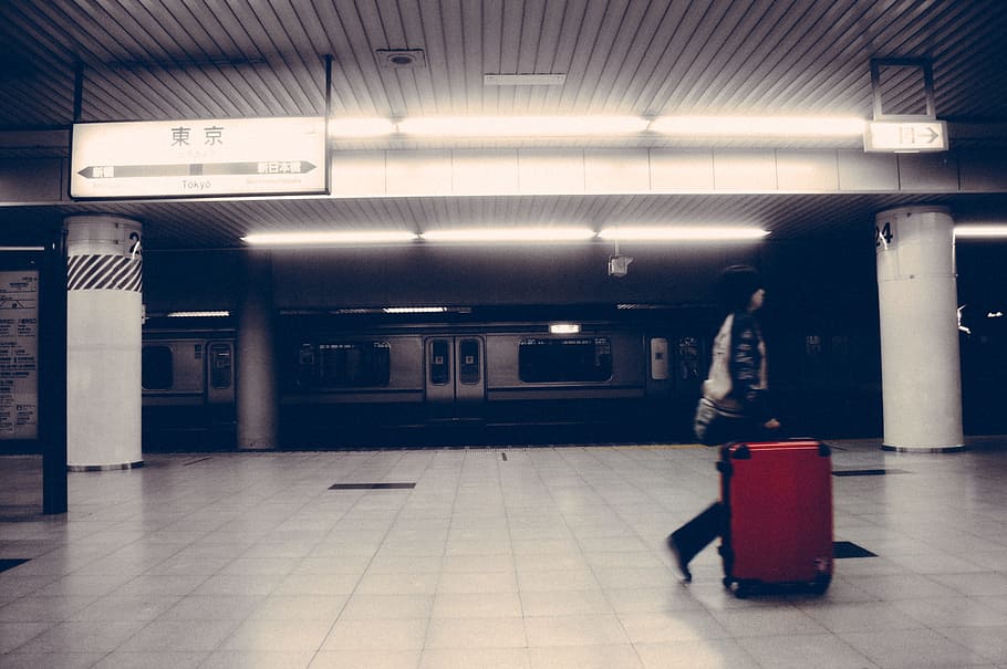 woman wearing white and black shirt carrying cart, train, subway HD wallpaper