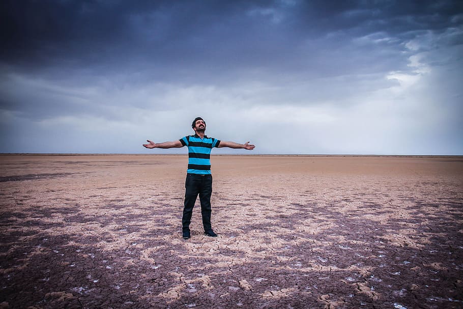 landscape, man, person, sand, blue sky, desert, outdoors, one person HD wallpaper