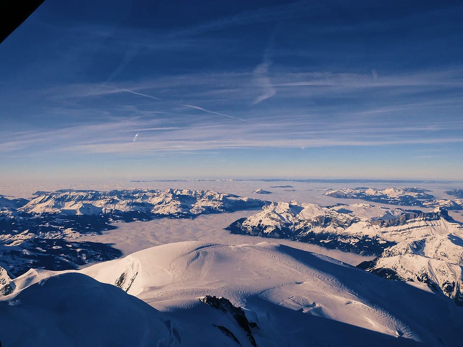 snow covered field, birds eye view of coated snow mountain, sky HD wallpaper