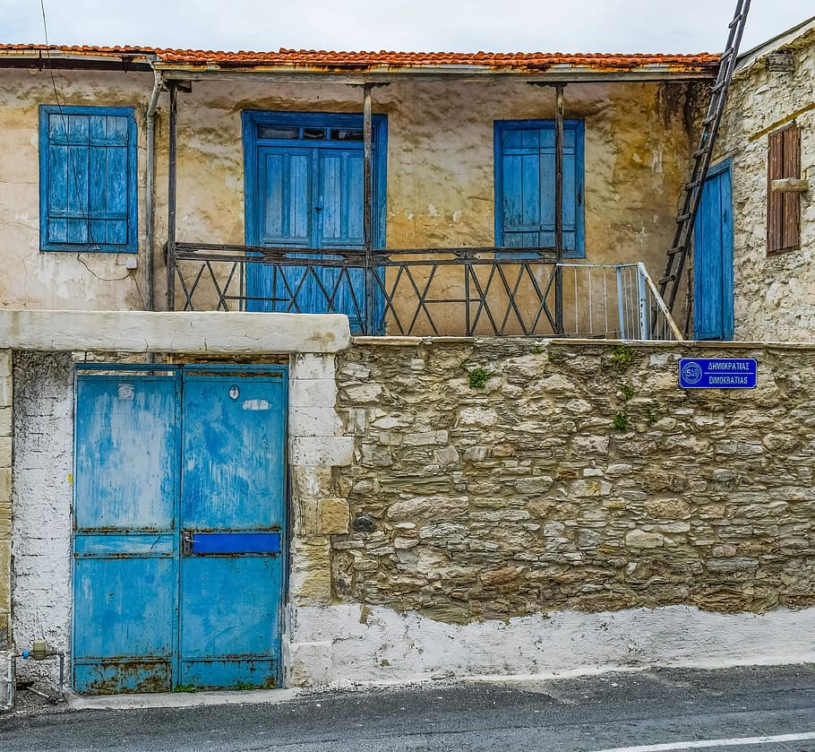 blue steel gate, house, window, door, architecture, exterior, HD wallpaper