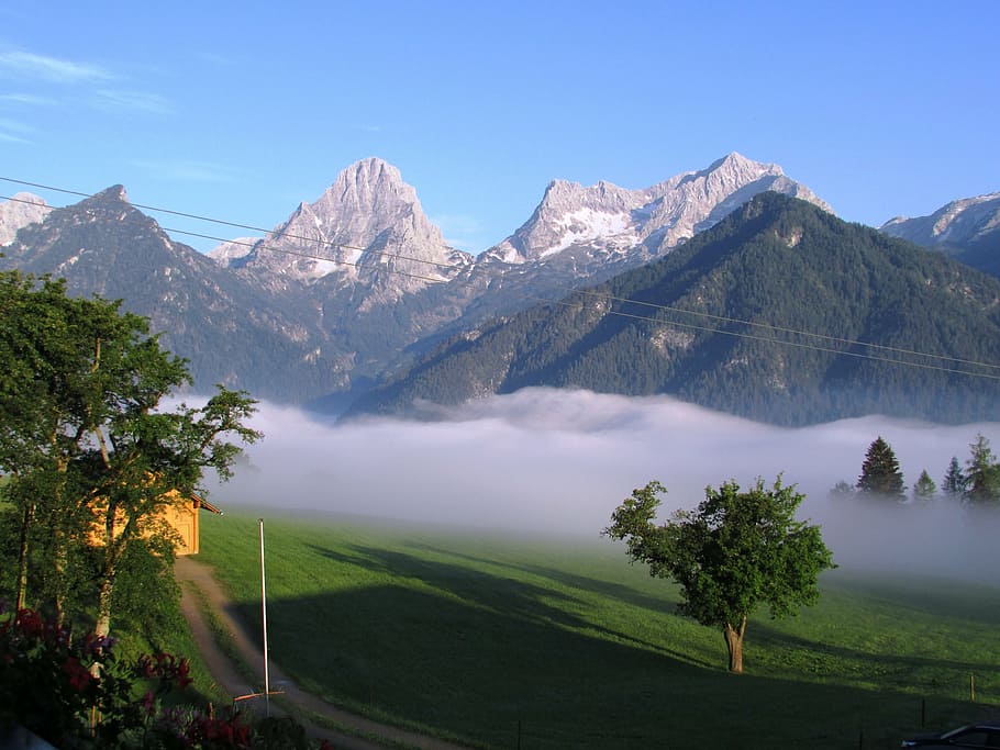 panorama, alpine, mountains, distant view, snow, outlook, fog HD wallpaper
