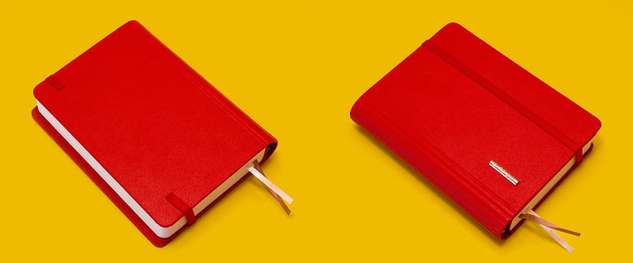 notebook, red, yellow background, business, no people, pen HD wallpaper