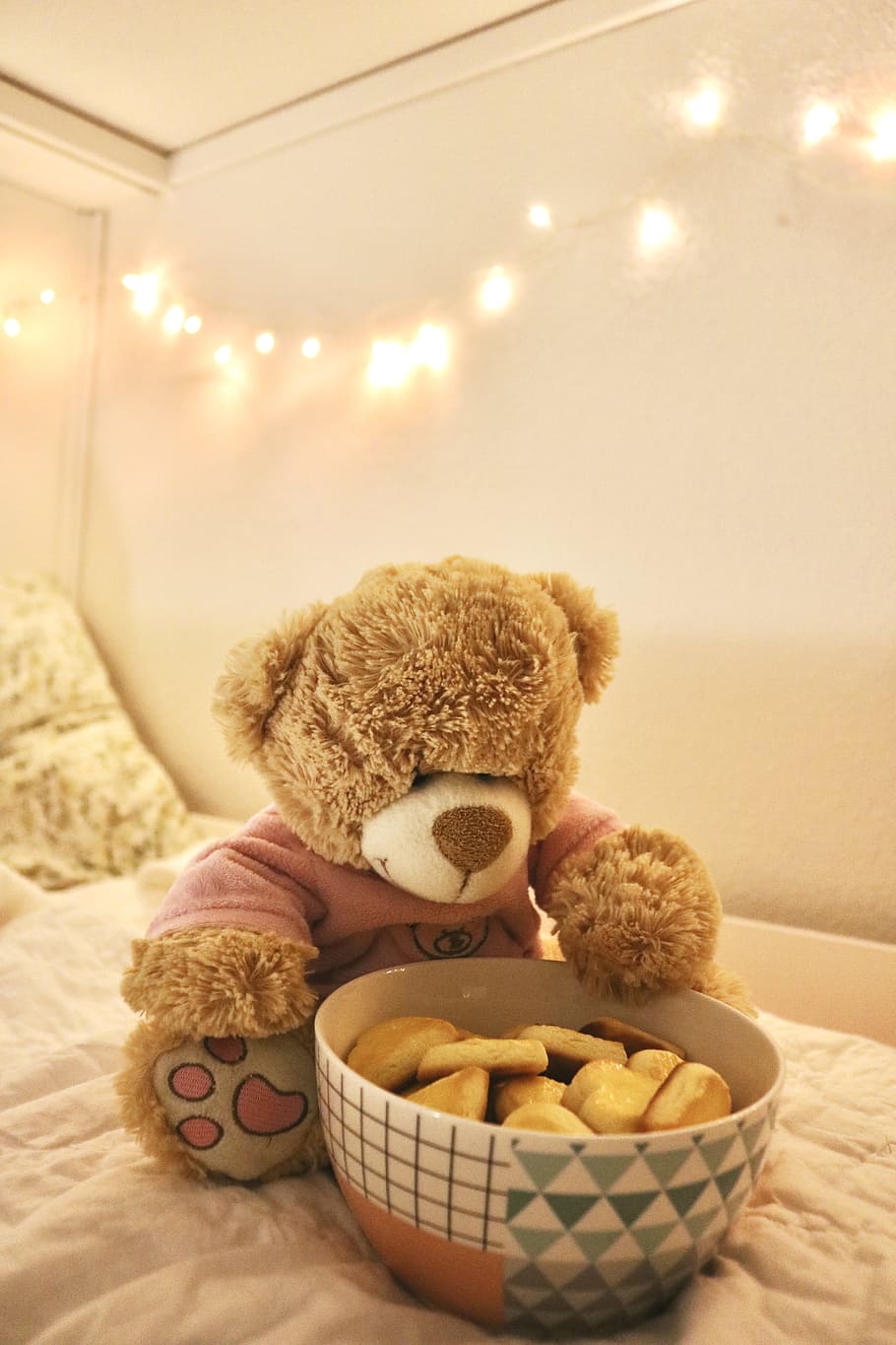 Brown Bear Plush Toy, bed, bedroom, biscuits, bowl, comfortable HD wallpaper