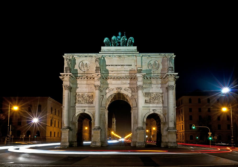 Arch De Triumph, Italy, munich, siegestor, night photograph, light traces, HD wallpaper
