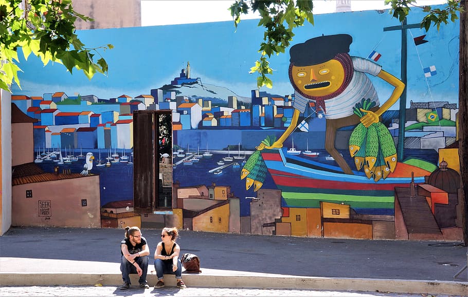 street, scene, wall, art, graffiti, couple, foreground, fishing HD wallpaper