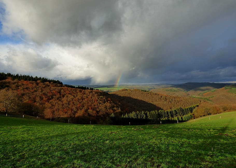 rainbow, storm, threatening sky, hills, landscape, luxembourg HD wallpaper