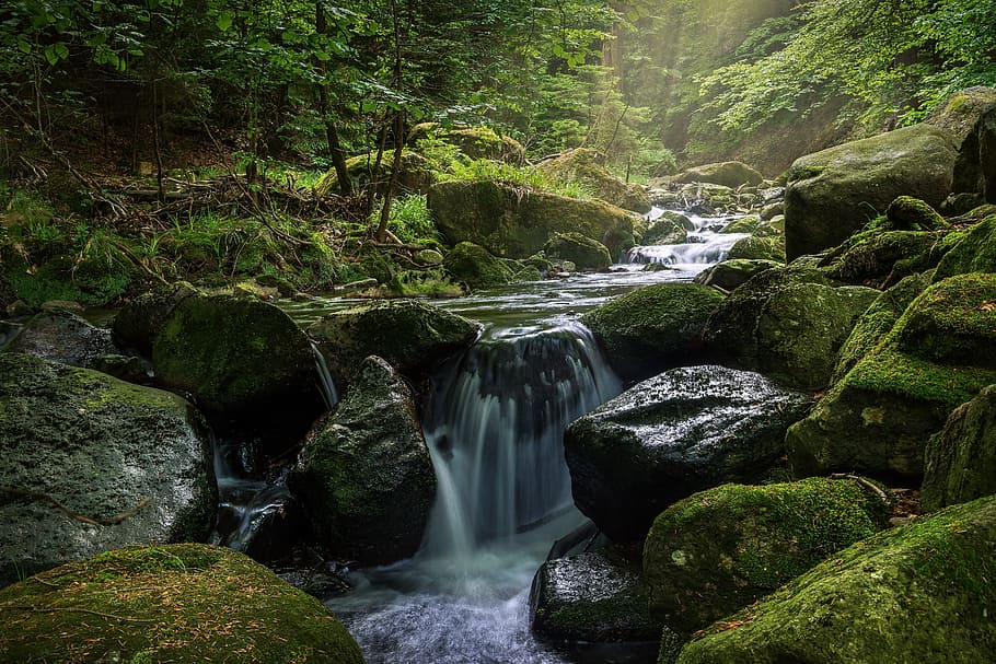 waterfalls painting, waters, river, moss, nature, scenics - nature HD wallpaper