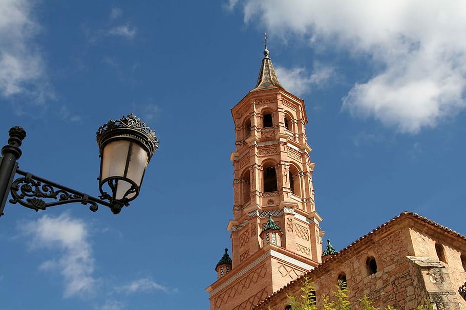 Spain, Clouds, Building, Lamp, Post, sky, light, church, tower HD wallpaper