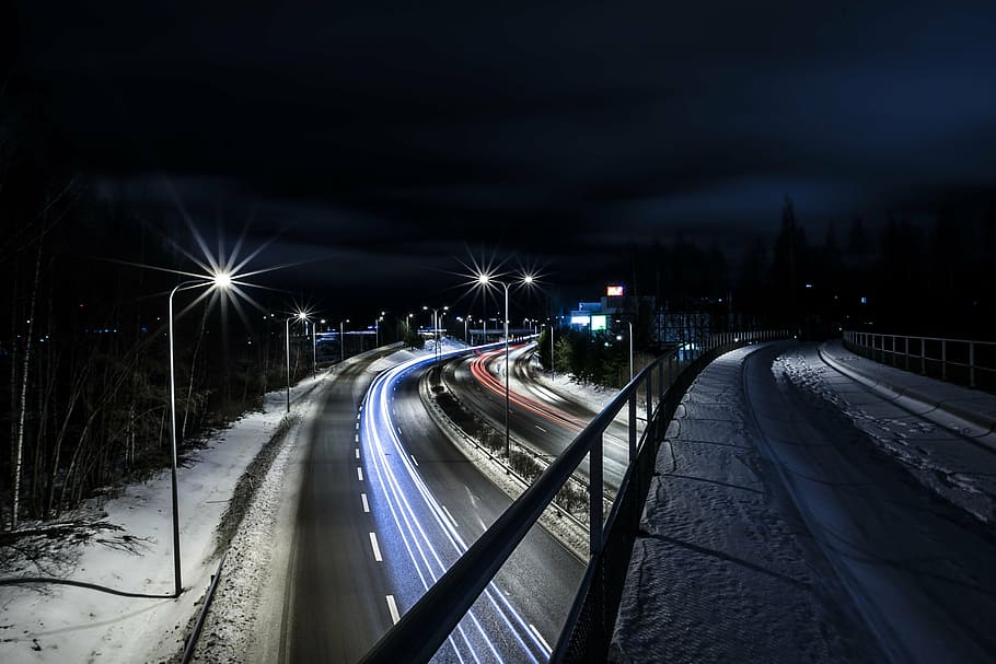 highway, colors, night, illuminated, winter, speed, road, cold temperature HD wallpaper